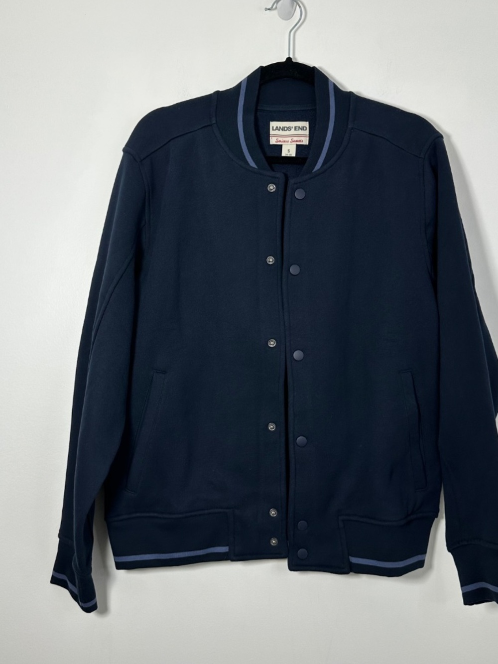 Lands End Mens Small Serious Sweats Bomber Navy Blue Front Button Down Snaps - Picture 2 of 10